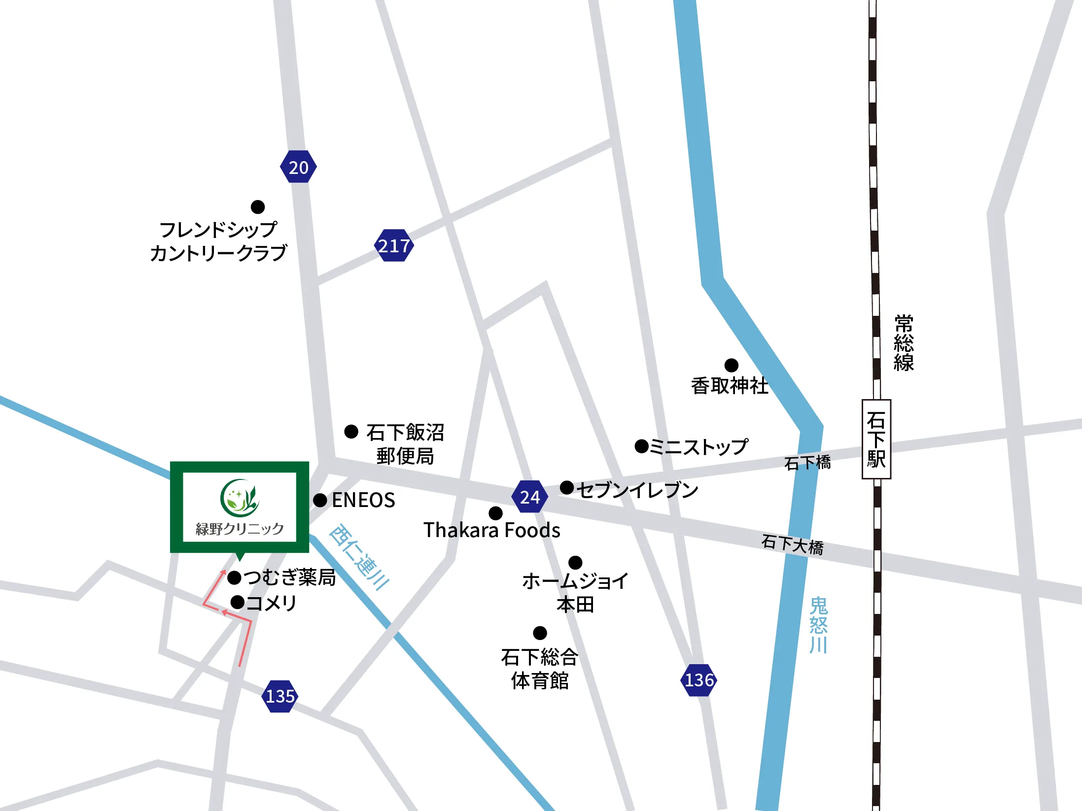 石下駅から緑野クリニックへのアクセスマップ